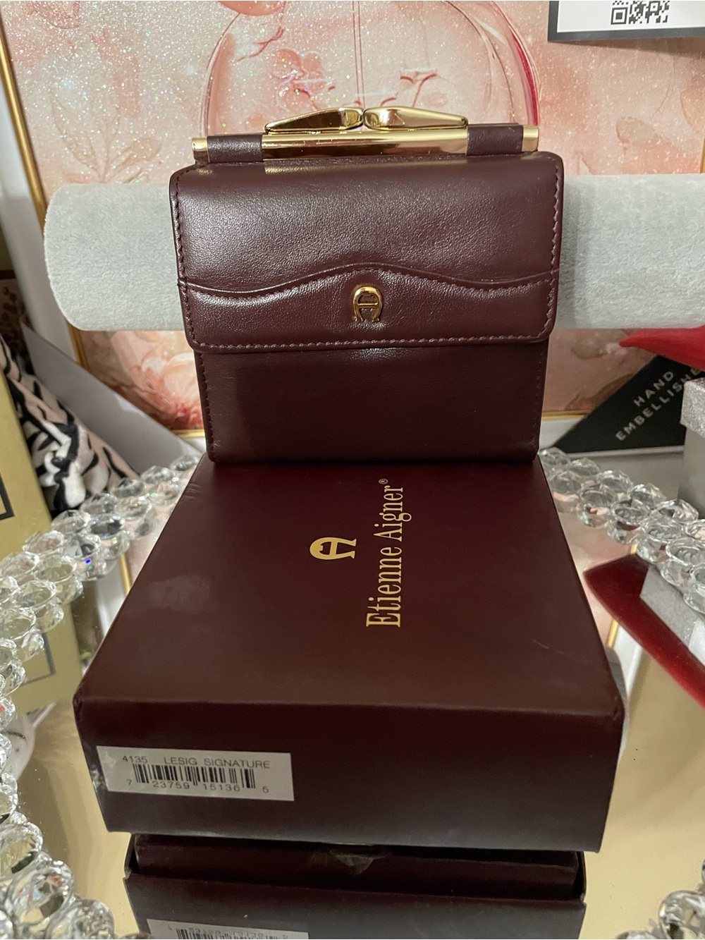 Etienne Aigner Women's Leather compact kiss lock Wallet - Burgundy new in box